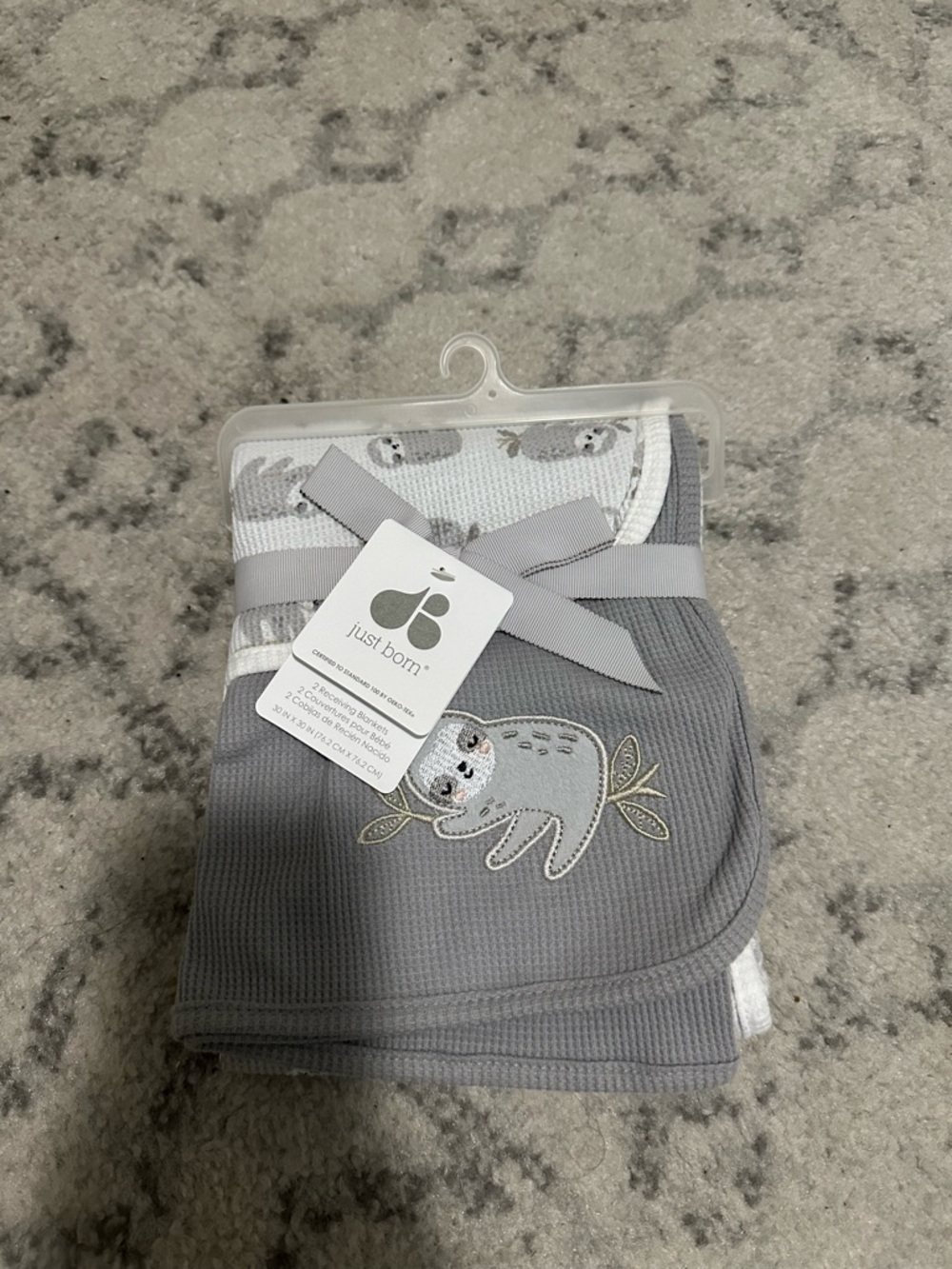 Just Born Gray Sloth Baby 2-Pack Receiving Blankets